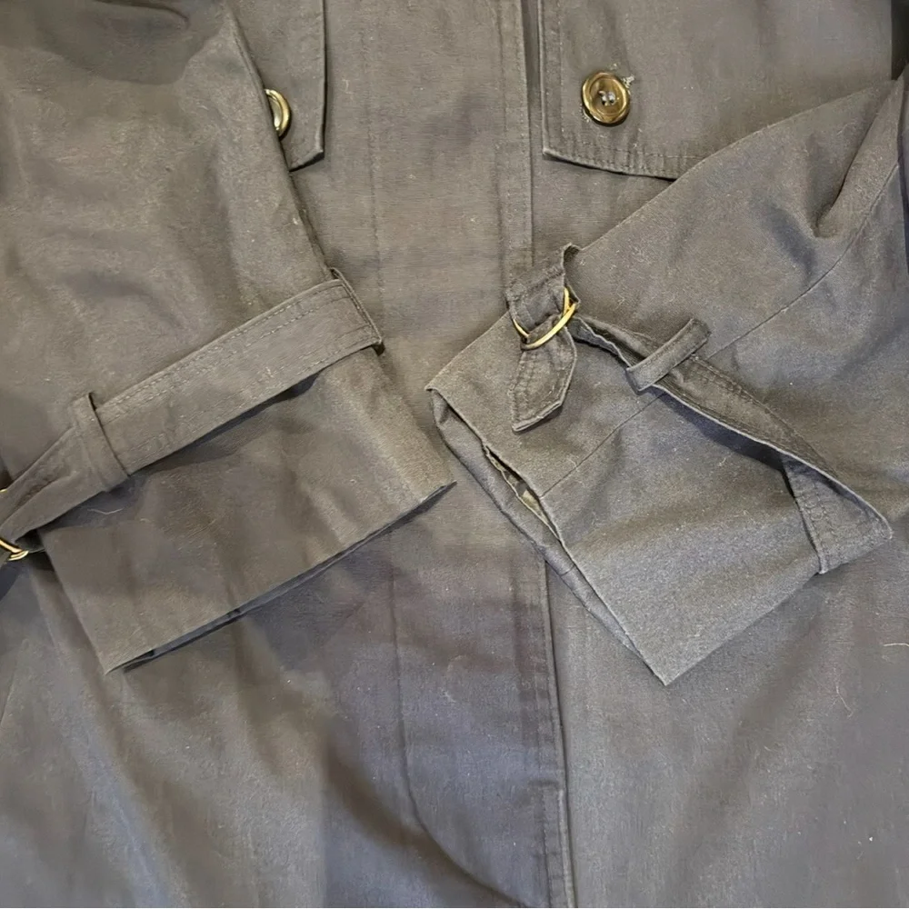 Image Navy Belted Trench Coat Size L or XL Classic Minimalist Outerwear - Picture 8 of 15